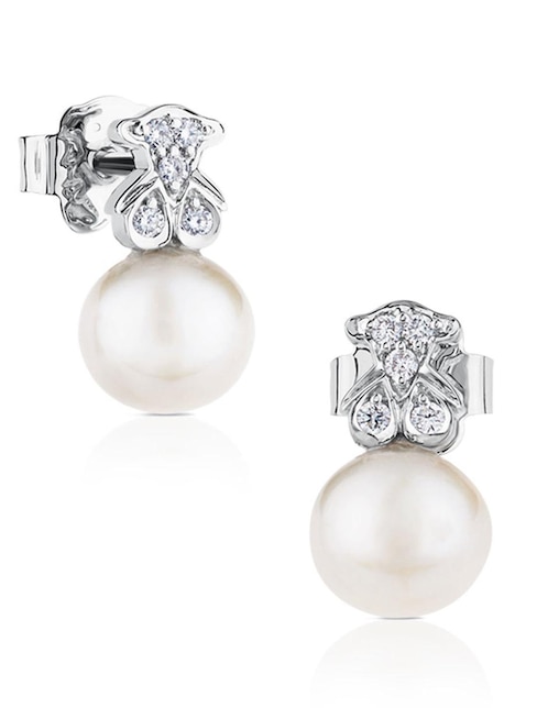 Broqueles Tous de oro blanco con acabado pavé diamante y perla