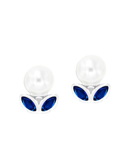 Broqueles de flor Fascinare de oro blanco 14 K con acabado brillante zafiro y perla