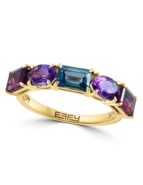 Anillo Mosaic 14 k de oro amatista, topacio azul y rodolita brillante