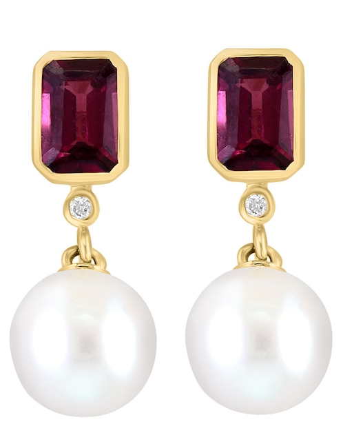 Aretes Effy Luna de oro diamante, rodolita y perla de agua dulce