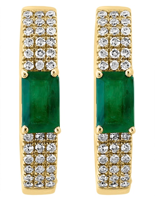 Aretes huggies Effy de oro amarillo 14 K con acabado pulido esmeralda y diamante