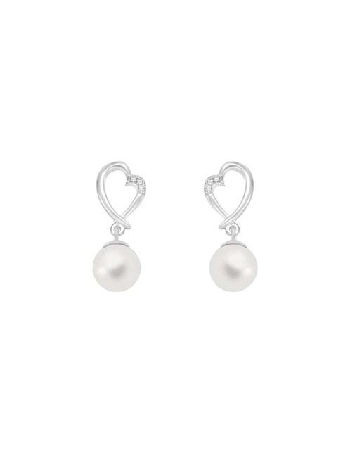 Aretes de corazón Lob de oro blanco con acabado espejo perla y diamante 1