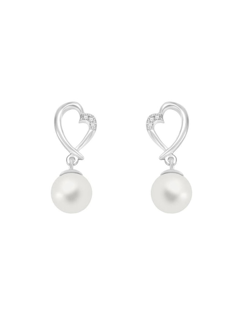 Aretes de corazón Fianelli de oro blanco con acabado brillante perla y diamante