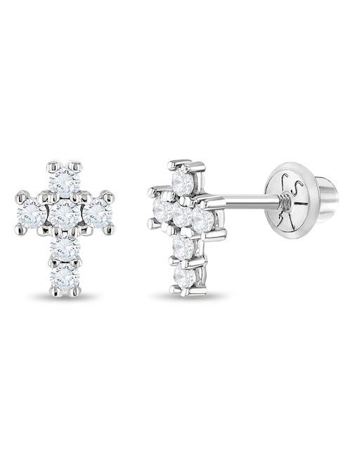Broqueles de cruz de oro blanco con acabado brillante zirconia cúbica 1