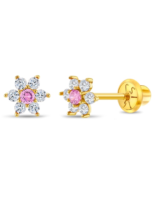 Broqueles de flor de oro amarillo con acabado brillante zirconia cúbica 1