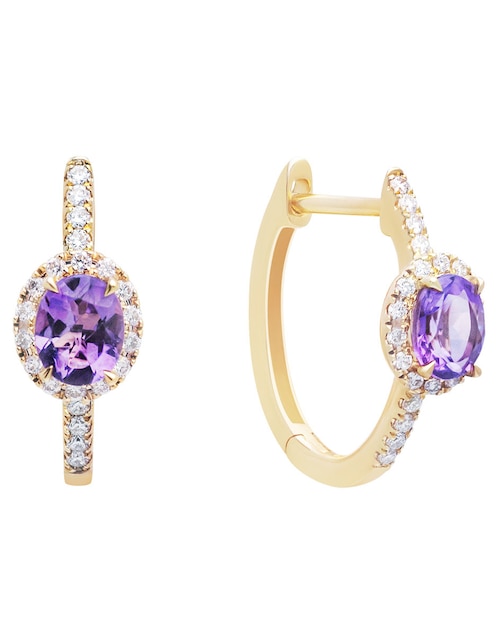 Aretes de aro circulares de oro amarillo con acabado pavé diamante y amatista 1
