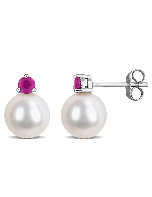 Broqueles de perla Julianna B de oro blanco con acabado brillante rubí y perla