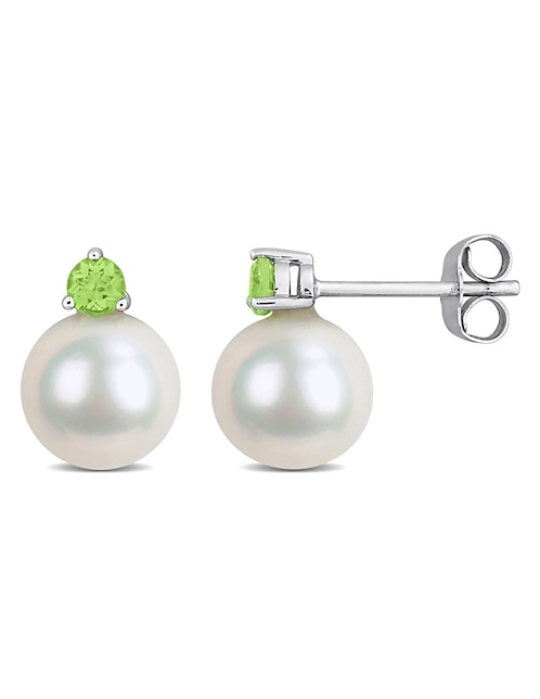 Broqueles Julianna B de oro blanco con acabado brillante peridoto y perla
