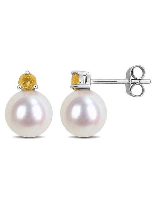 Broqueles Julianna B de oro blanco con acabado brillante perla y citrino