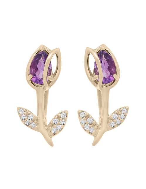 Aretes de flor de oro con acabado espejo amatista y diamante 1