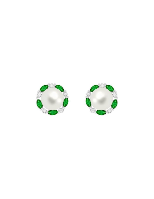 Aretes redondos Fascinare Coco de oro blanco con acabado brillante perla y esmeralda