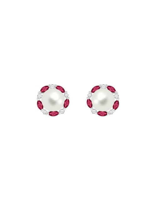 Aretes redondos Fascinare Coco de oro blanco con acabado brillante rubí y diamante