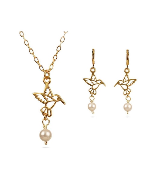 Aretes y collar de colibrí con baño de oro 18 k perla