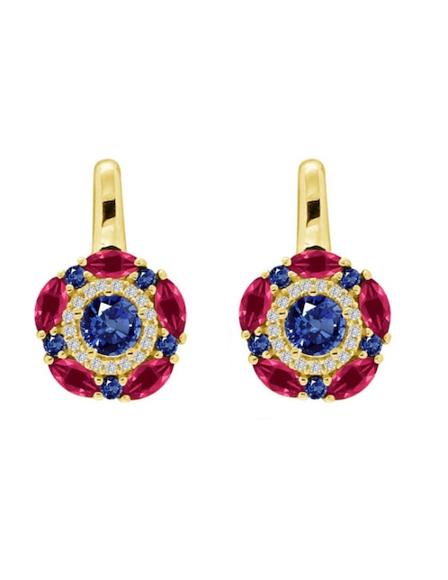 Aretes huggies de flor Cristal Joyas de oro amarillo 14 k con acabado pulido rubí y zafiro