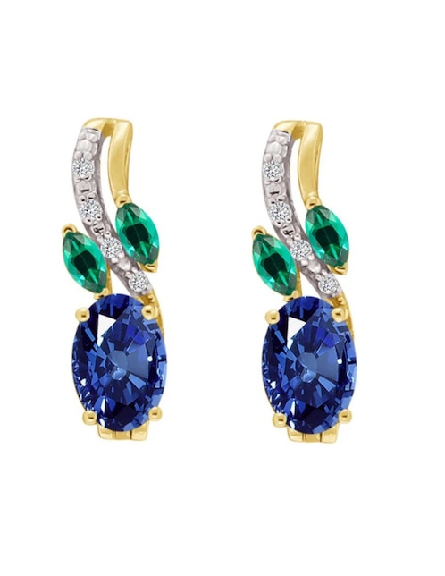 Aretes huggies de flor Cristal Joyas de oro amarillo 14 k con acabado pulido esmeralda y zafiro