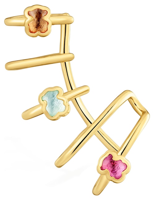 Arete ear cuff de oso Tous Icon Color LGG de plata P 925 con acabado baño de oro rubí y zafiro