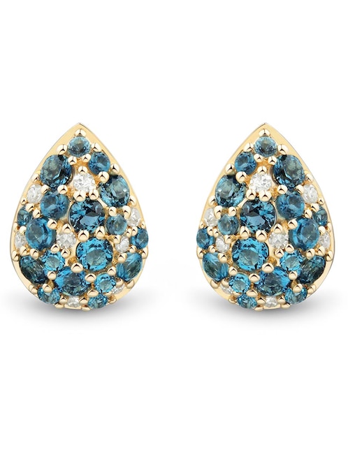 Aretes cortos de gota de oro 14 K con acabado pavé topacio azul de Londres 1