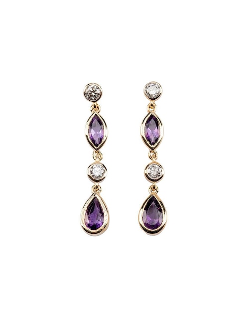 Aretes largos de gota Lucie de oro 14 K con acabado Texturizado Amatista y diamante
