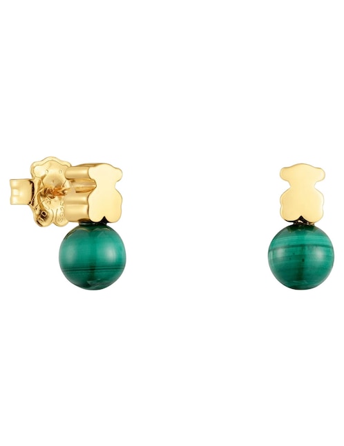 Aretes cortos de oso Icon Mesh de plata P 925 con acabado baño de oro malaquita 1