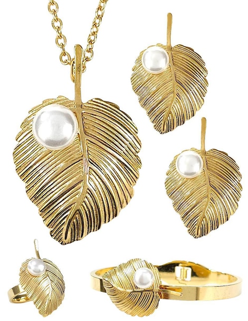 Collar, pulsera, anillo y arete de hoja Og perla de cristal