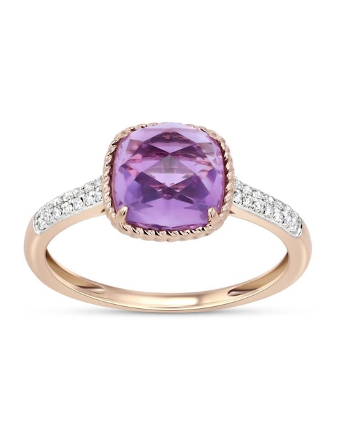 Anillo 14 k de oro rosa amatista y diamante brillante