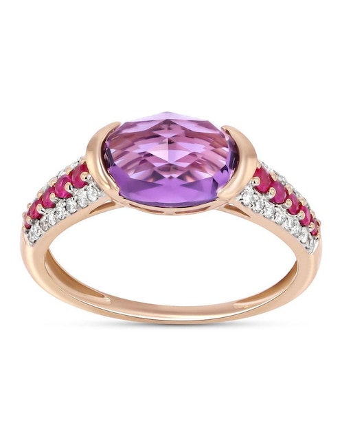 Anillo 14 k de oro rosa amatista y diamante brillante