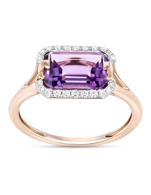 Anillo 14 k de oro rosa amatista y diamante brillante