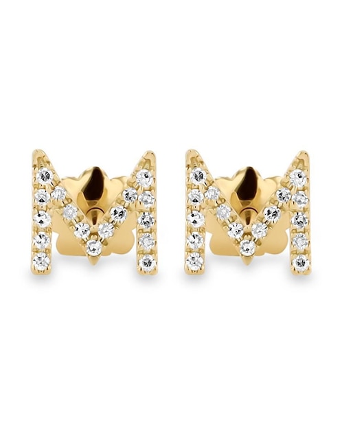 Broqueles de letra M de oro amarillo 14 K con acabado brillante diamante 1