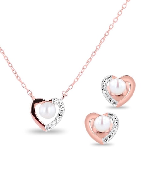 Aretes y collar de corazón de oro rosa 14 K diamante Aretes y collar de corazón de oro rosa 14 K diamante