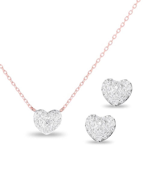 Aretes y collar de corazón de oro rosa 14 K diamante 1