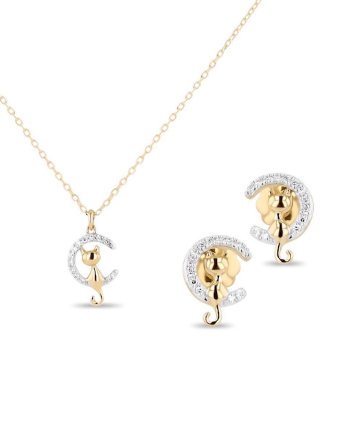 Aretes y collar de gato Joyerias Bizzarro de oro amarillo 14 K diamante