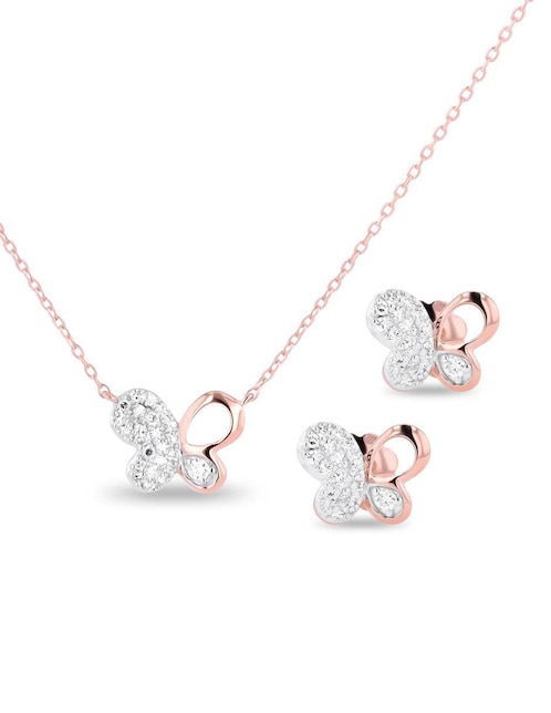 Aretes y collar de mariposa Joyerias Bizzarro de oro rosa 14 K diamante