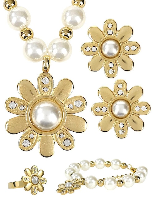 Collar, pulsera, anillo y aretes de flor Og perla de cristal