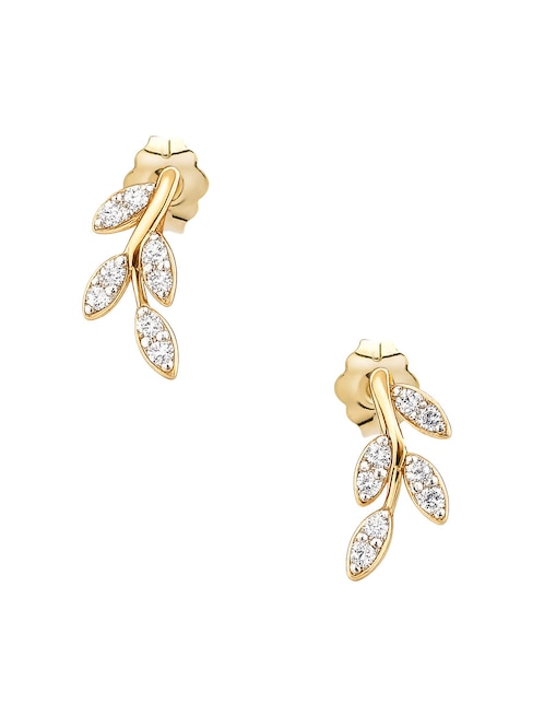 Aretes cortos de hoja Mjj Brilliant Inc de oro amarillo 14 K con acabado pavé diamante