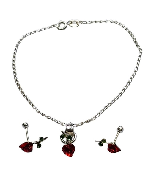 Aretes y pulsera de corazón Limerence by Claudia Herrera Cerezas de plata P 925 zirconia