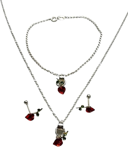 Aretes, collar y pulsera de corazón Limerence by Claudia Herrera Cerezas de plata P 925 zirconia