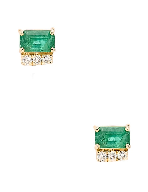 Aretes cortos rectangulares de oro amarillo 14 K con acabado brillante esmeralda y diamante 1