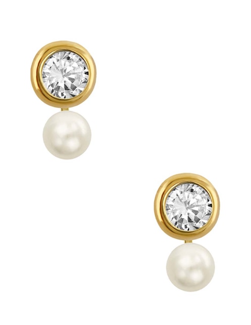 Broqueles de oro amarillo 14 k con acabado pulido perla con zirconia 1