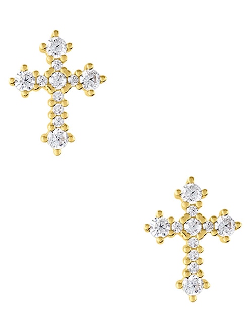 Broqueles de cruz de oro amarillo 14 k con acabado pulido zirconia 1