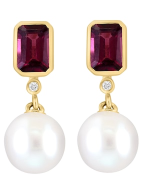 Aretes Effy Luna de oro diamante, rodolita y perla de agua dulce