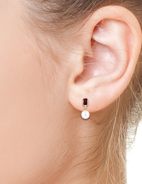 Aretes Effy Luna de oro diamante, rodolita y perla de agua dulce