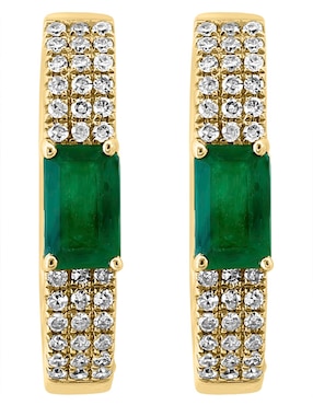 Aretes huggies Effy de oro amarillo 14 K con acabado pulido esmeralda y diamante