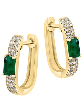 Aretes huggies Effy de oro amarillo 14 K con acabado pulido esmeralda y diamante