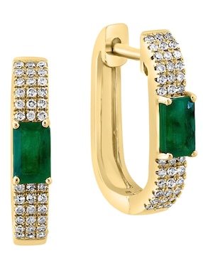 Aretes huggies Effy de oro amarillo 14 K con acabado pulido esmeralda y diamante