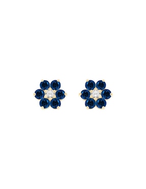 Aretes Cortos De Flor Fascinare Orial De Oro Amarillo 14 K Zafiro Y Diamante