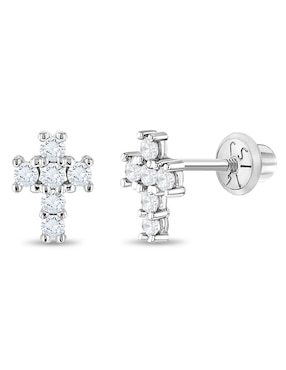 Broqueles De Cruz In Season Jewelry De Oro Blanco 14 K Con Acabado Pulido Zirconia Cúbica