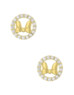 Broqueles De Moño Minnie Mouse Sabelli Disney De Oro Amarillo 14 K Con Acabado Pavé Zirconia Para Niña