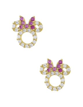 Broqueles Minnie Mouse Sabelli Disney De Oro Amarillo 14 K Con Acabado Pavé Zirconia Para Niña