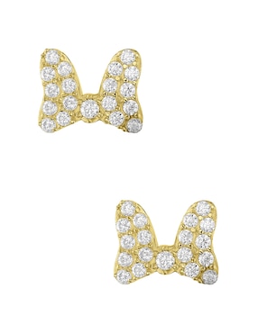 Broqueles De Moño Minnie Mouse Sabelli Disney De Oro Amarillo 14 K Con Acabado Pavé Zirconia Para Niña