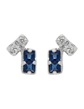 Broqueles rectangulares Idc de oro blanco 14 k con acabado brillante zafiro y diamante